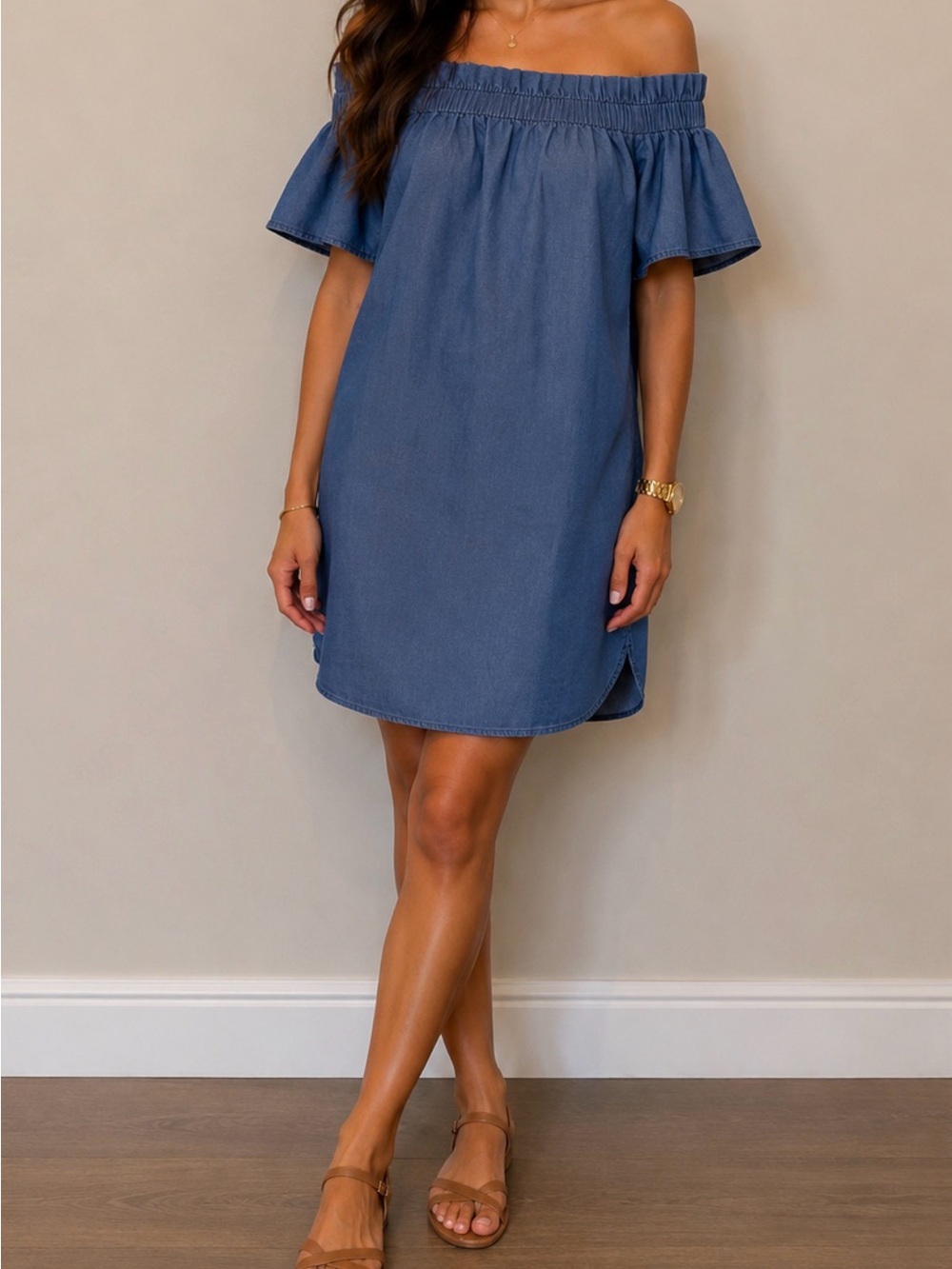 Chambray Boho Off Shoulder Dress Women’s Size Small 100% Tencel Blue